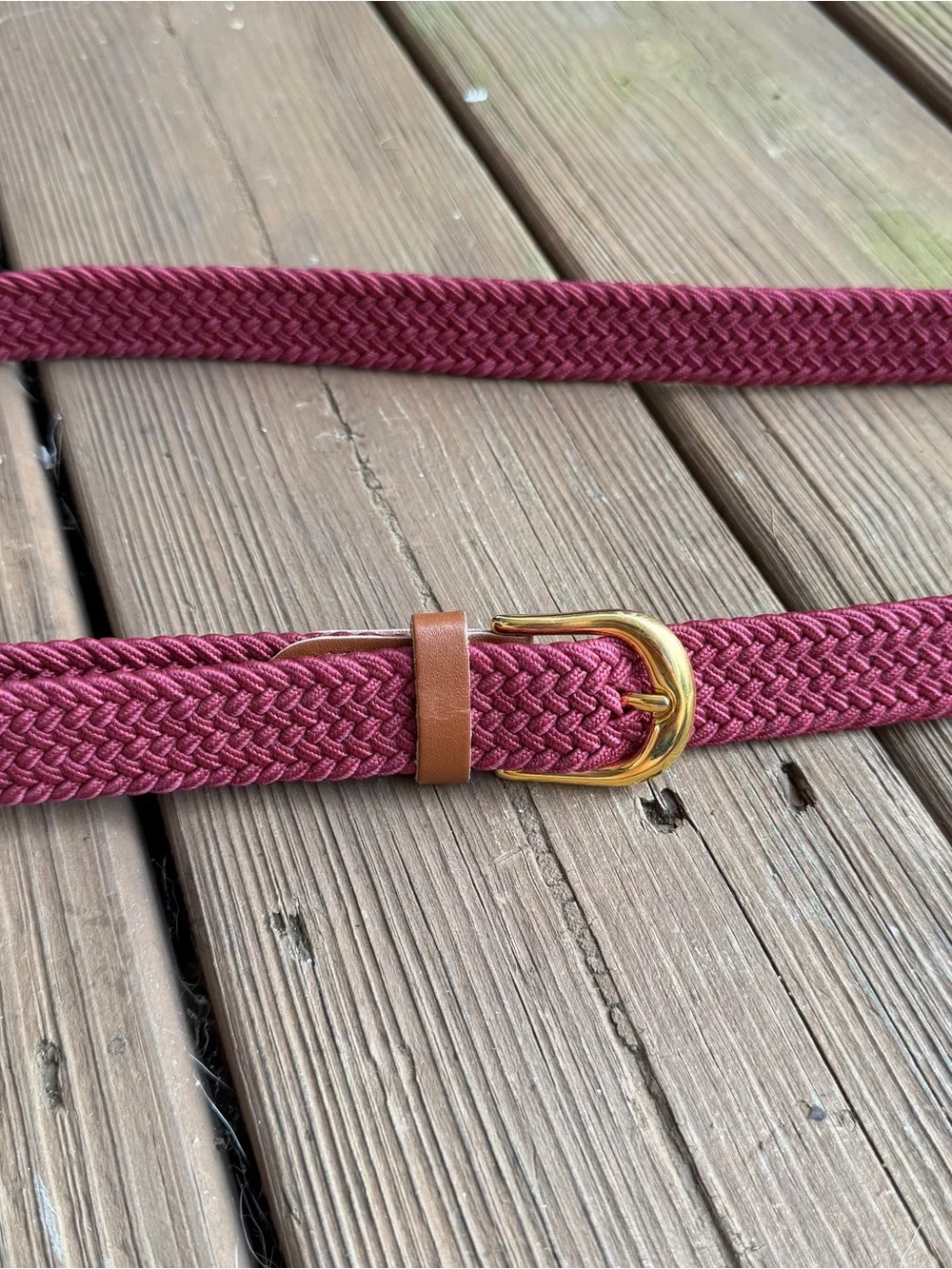 Burgundy Wine Braided Stretch Belt Gold Buckle Tan Leather Trim 45”